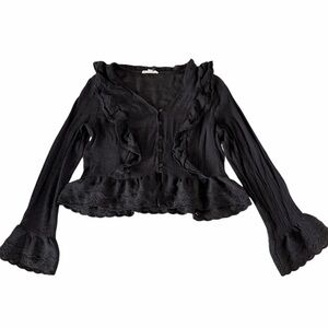 Black Ruffle Lace Peplum Blouse Bell Sleeve Cottagecore Top Tagged XL (Fits M)